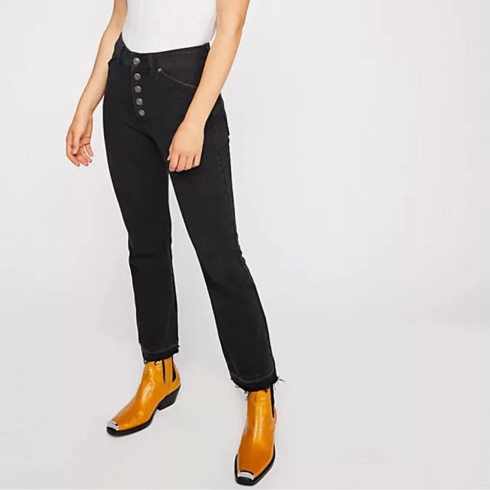 Free‎ People Jeans Dylan High Rise Bootcut Raw Hem Exposed Button Fly Size 28